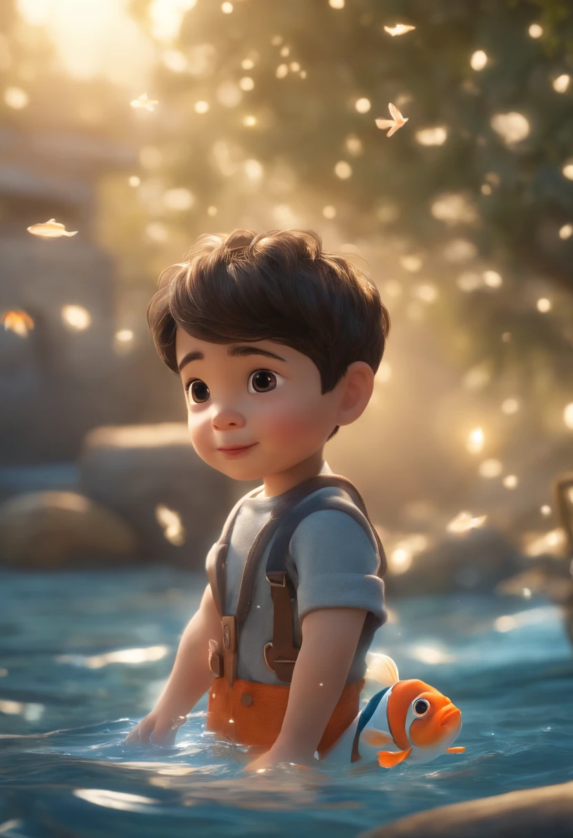 movie picture quality，Disney animation style，A  swims in the sea with a koi in his arms，short detailed hair，Denim suspenders，The barefoot，depth of fields，high light，Real light，Ray traching，oc rendered，Hyper-realistic，best qualtiy，8K，Works of masters，super-fine，Detailed pubic hair，Correct anatomy，sharp focus on eyes，Bokeh，Facial features are carefully depicted