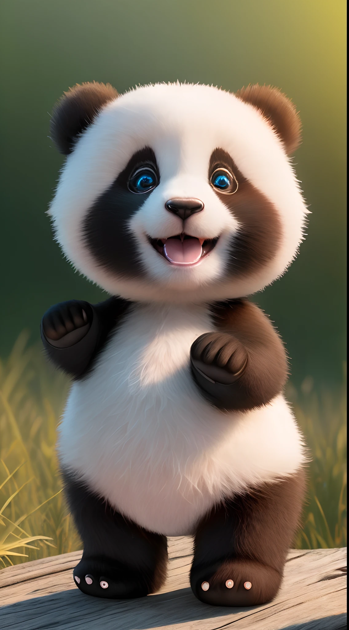 (masterpiece), (8k), araffe is standing on a log and smiling for the camera, adorable panda, adorable 3d render, adorable digital painting, baby panda, adorable digital art, wojtek fus, adorable! c4d, adorable animal, adorable detailed digital art, painfully adorable, ((enhanced realistic baby panda eyes, enhanced realistic baby panda fur, enhanced baby panda hands, enhanced baby panda foot))
