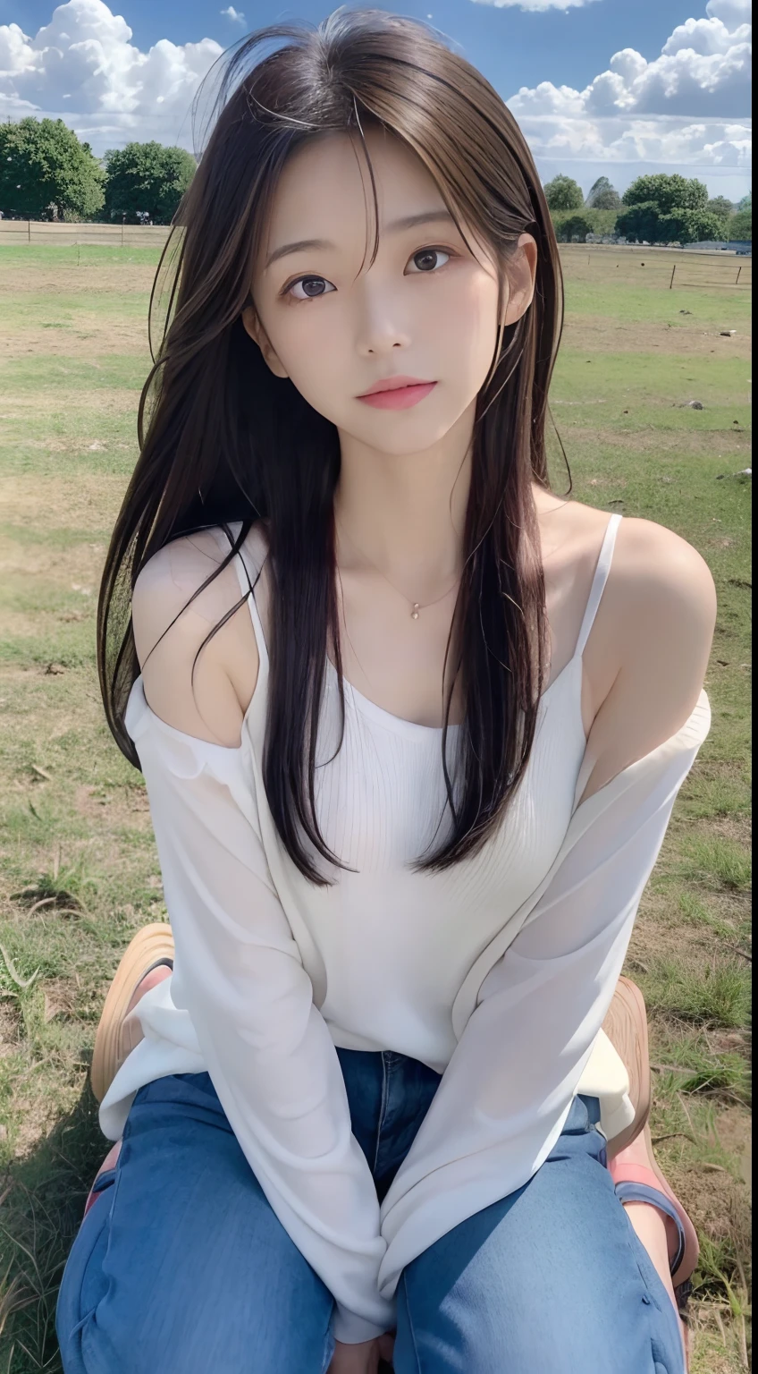 ((Best Quality, 8K, masutepiece:1.3)), beautiful  Girl, pure, Melon face, gentle and cute, Thin figure, (Frontal), (Head Tilted), looks directly at camera, [Detached sleeves::0], [Collared shirt::0], [Capri Pants::0], Black silky long straight hair, long hair flowing over the shoulders, round black big eyes, clear big eyes, Moist red lips, Sweet smile, Sitting, Hands on knees, Blue sky and white clouds, Sunshine, grassy fields, Summit of Mt, Northern view of the Tibetan steppe