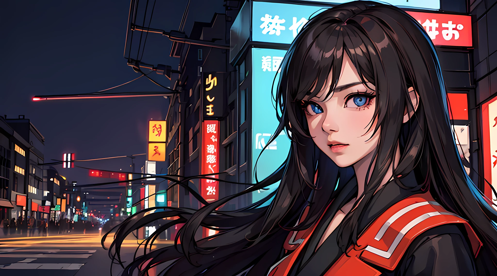 (best quality,4k,8k,highres,masterpiece:1.2),ultra-detailed,(realistic,photorealistic,photo-realistic:1.37),portrait,tokyo street background,asian woman,focus on detailed face,long dark hair fluttering in the wind,single woman in the scene,looking directly at the viewer,vivid city lights at night,80s style,glistening city lights,colorful neon lights,lonely atmosphere,cityscape,street lights,night scene,influenced by Japanese culture and aesthetics,city life,captivating expression,dark atmosphere,solemn mood,city nightlife,dynamic composition,peaceful urban setting,detailed facial features,expressive eyes,flowing hair,fascinating allure,wind-blown hair,immersing in the vibrant city,elegant posture,attention-grabbing presence