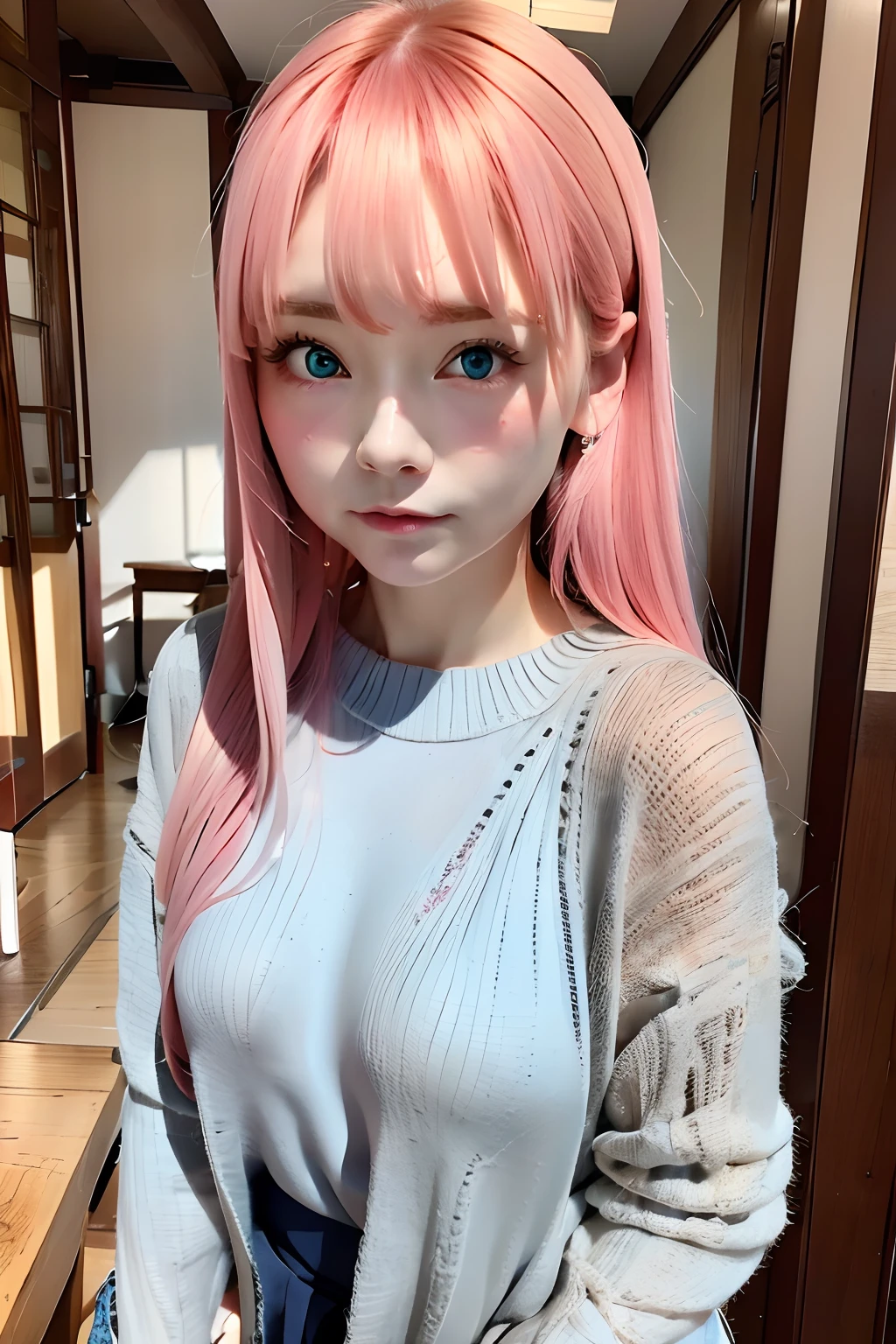 (Antique style, Girly: 1.2, Pink hair: 1.1, Blue eyes: 1.1, Big eyes)