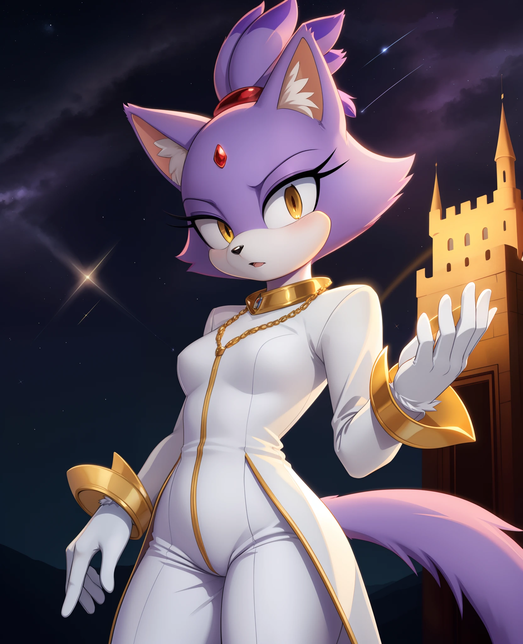 masterpiece, best quality, highres, Blaze The Cat,  1girl, gold necklace, white jumpsuit, animal_ears, closed_mouth, red forehead_jewel, fur-trimmed_gloves, fur_trim, furry, furry_female, gloves, long_sleeves, purple_coat, purple_hair, solo, standing, tied_hair, topknot, white_gloves, white_pants, yellow_eyes, tail, photo background,  night sky, castle, solo, shooting star, star \(sky\), perfect hands, perfect anatomy