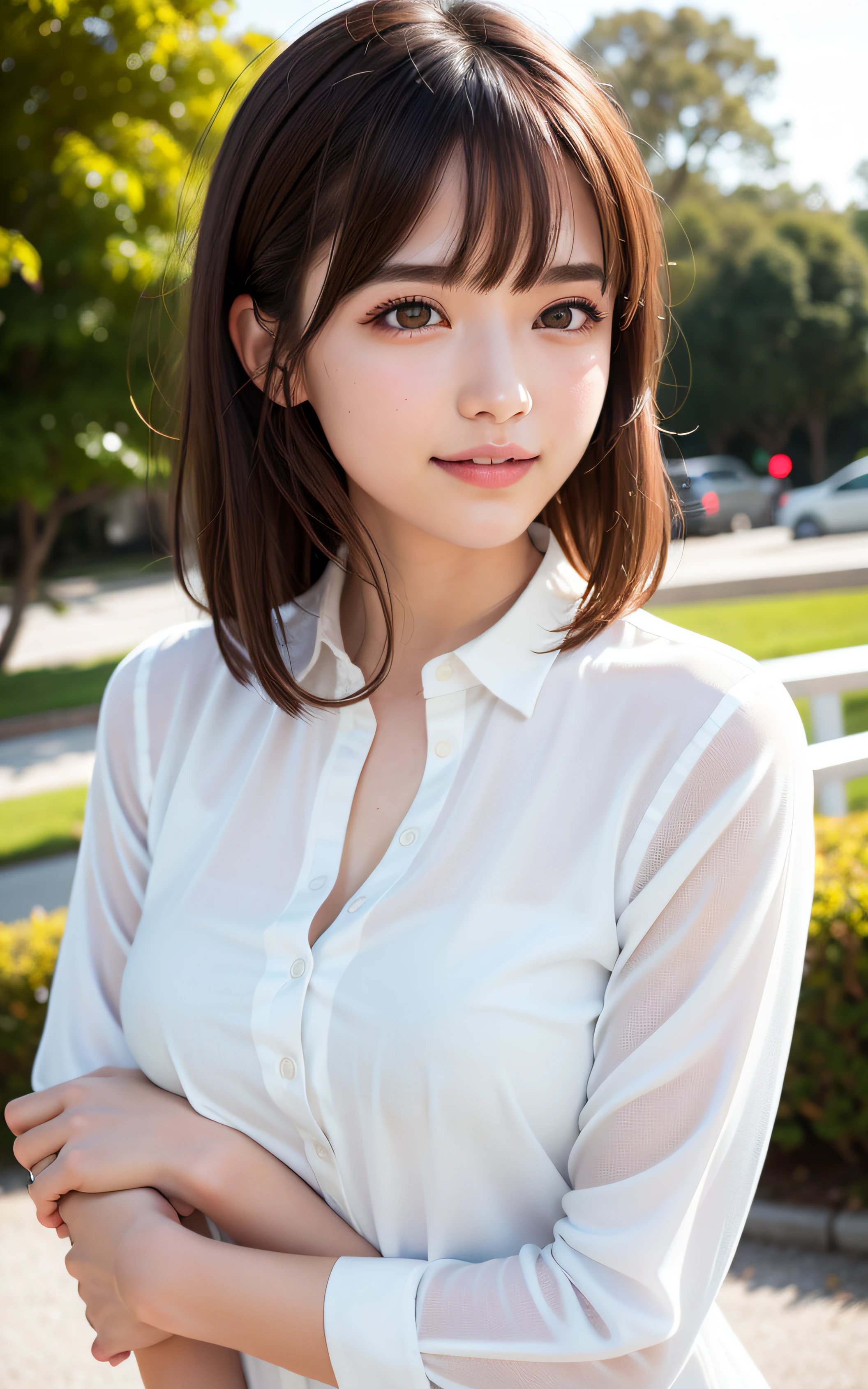 In a white blouse shirt