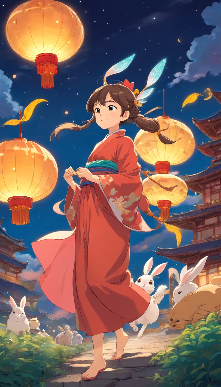 Mid-Autumn Festival, A  fairy dressed in ancient Chinese clothing, And rabbits playing around the girl, Moon cake，Auspicious clouds, Behind the huge moon, warm color, abstract pictures, surrealism, pixar-style, 3d effect, Disney style, Clear contour light, Edge light, fantasy, spotlight lights, 8k --ar 3:4