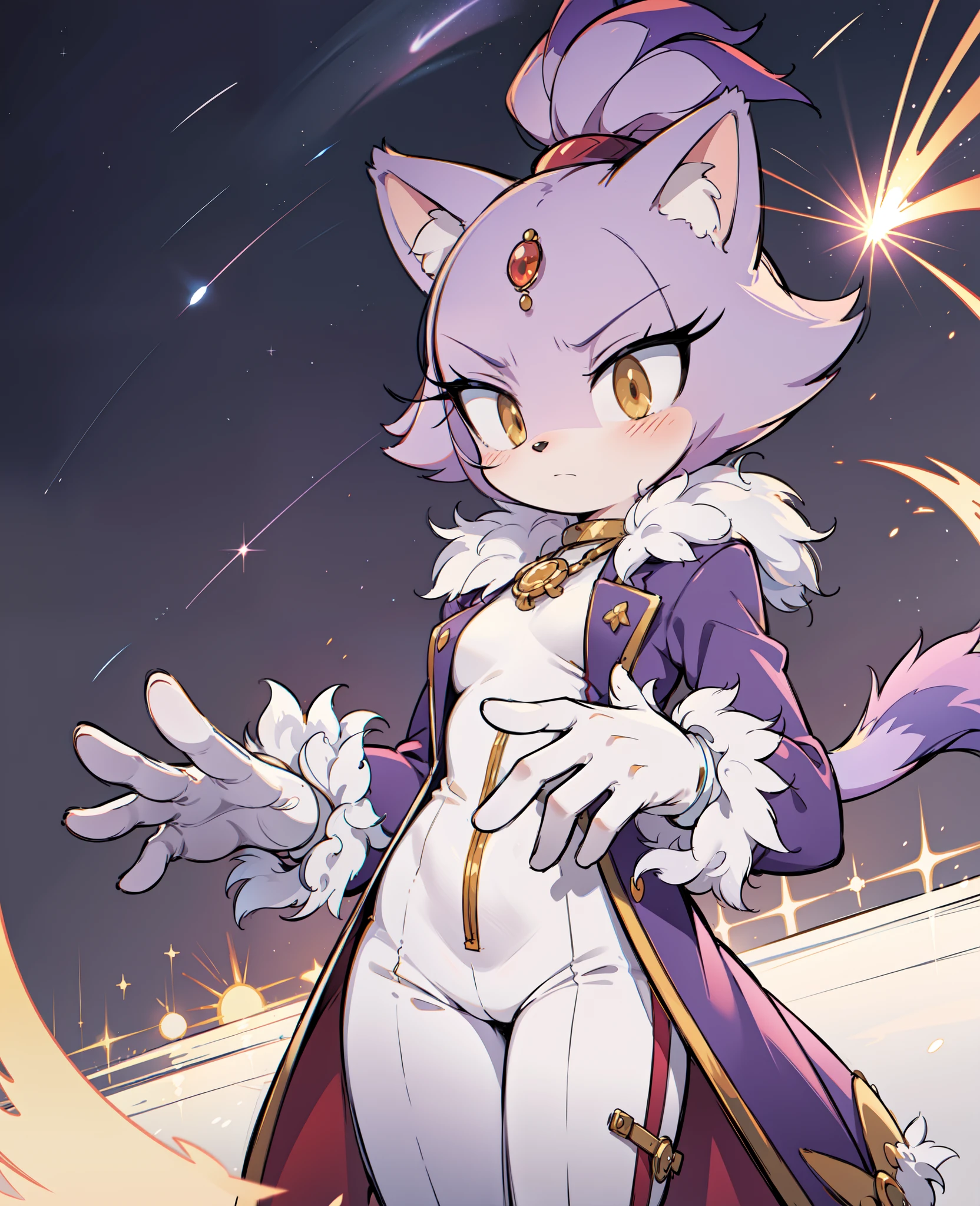 masterpiece, best quality, highres, Blaze The Cat,  1girl, gold necklace, white jumpsuit, animal_ears, closed_mouth, red forehead_jewel, fur-trimmed_gloves, fur_trim, furry, furry_female, gloves, long_sleeves, purple_coat, purple_hair, solo, standing, tied_hair, topknot, white_gloves, white_pants, yellow_eyes, tail, photo background,  night sky, castle, solo, shooting star, star \(sky\), perfect hands, perfect anatomy