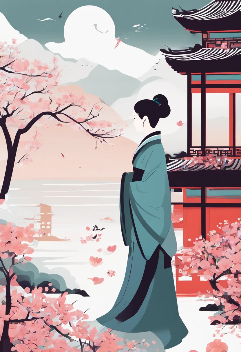 Spring,spring flowers,chinese traditional architecture,,A woman wears Hanfu,Character landscape,(There is in the upper left corner(Spring)The Chinese characters,Microsoft Sub-black)