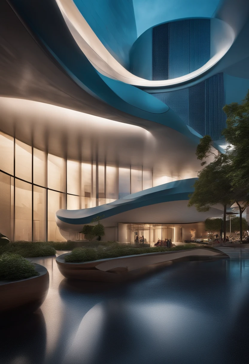 Una joven parada en medio de una plaza en una ciudad futurista, Curved buildings and avant-garde architectural designs, an atmosphere of innovation and progress, Cinematographer, Cinema camera with large aperture lens