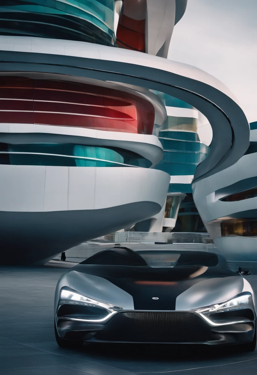 Una joven parada en medio de una plaza en una ciudad futurista, Curved buildings and avant-garde architectural designs, an atmosphere of innovation and progress, Cinematographer, Cinema camera with large aperture lens