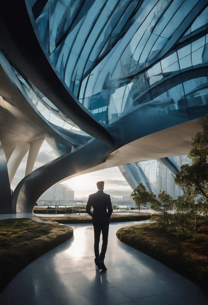 Una joven parada en medio de una plaza en una ciudad futurista, Curved buildings and avant-garde architectural designs, an atmosphere of innovation and progress, Cinematographer, Cinema camera with large aperture lens