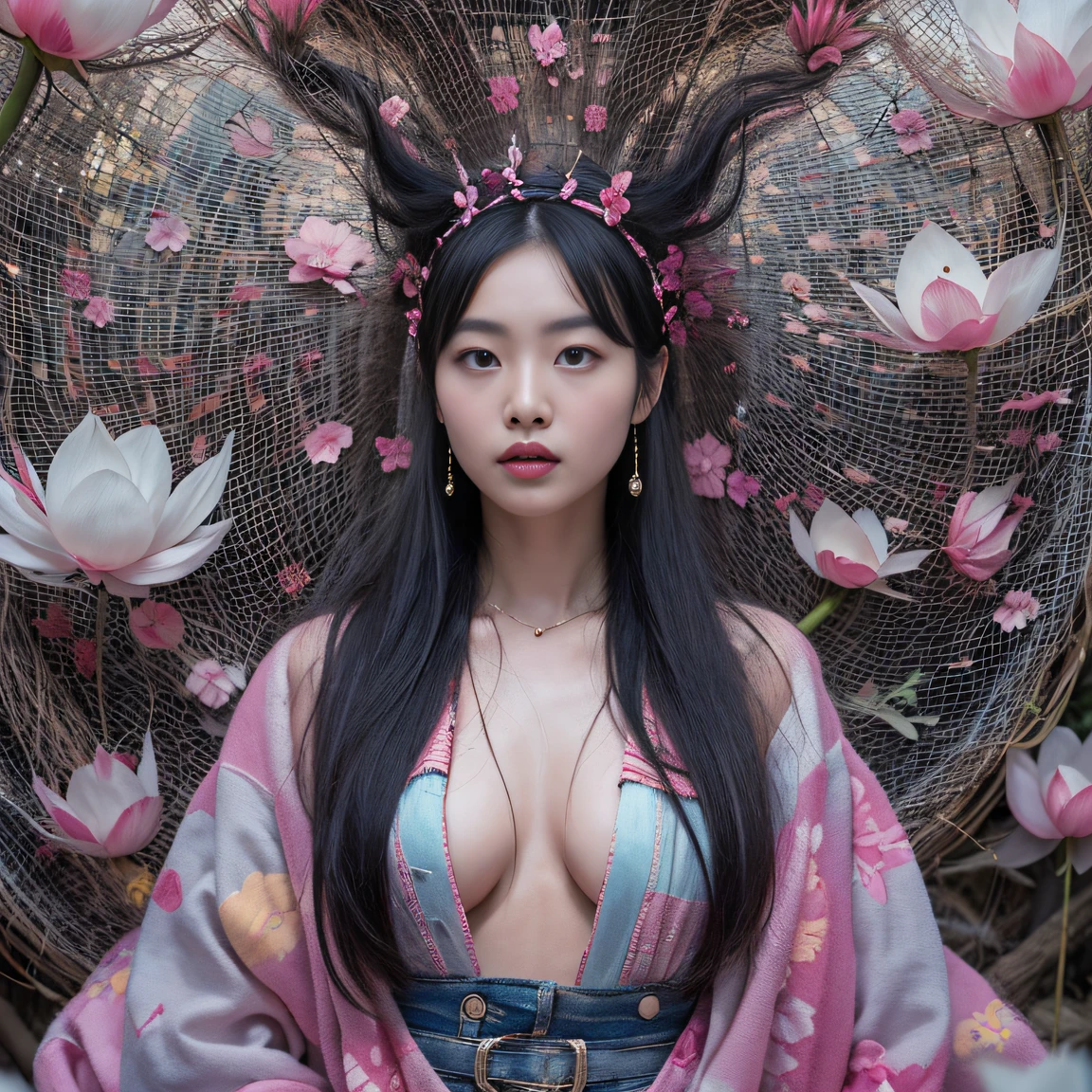 32K（tmasterpiece，k hd，hyper HD，32K）Long flowing black hair，ponds，zydink， a color， Aozhou people （Concubine girl）， （Purple silk scarf）， Combat posture， looking at the ground， long whitr hair， Floating hair， Carp pattern headdress， Chinese long-sleeved clothing， （Abstract gouache splash：1.2）， Pink petal background，Pink and white lotus flowers fly（realisticlying：1.4），Black color hair，Fallen leaves flutter，The background is pure， A high resolution， the detail， RAW photogr， Sharp Re， Nikon D850 Film Stock Photo by Jefferies Lee 4 Kodak Portra 400 Camera F1.6 shots, Rich colors, ultra-realistic vivid textures, Dramatic lighting, Unreal Engine Art Station Trend, cinestir 800，Long flowing black hair，Denim skirt