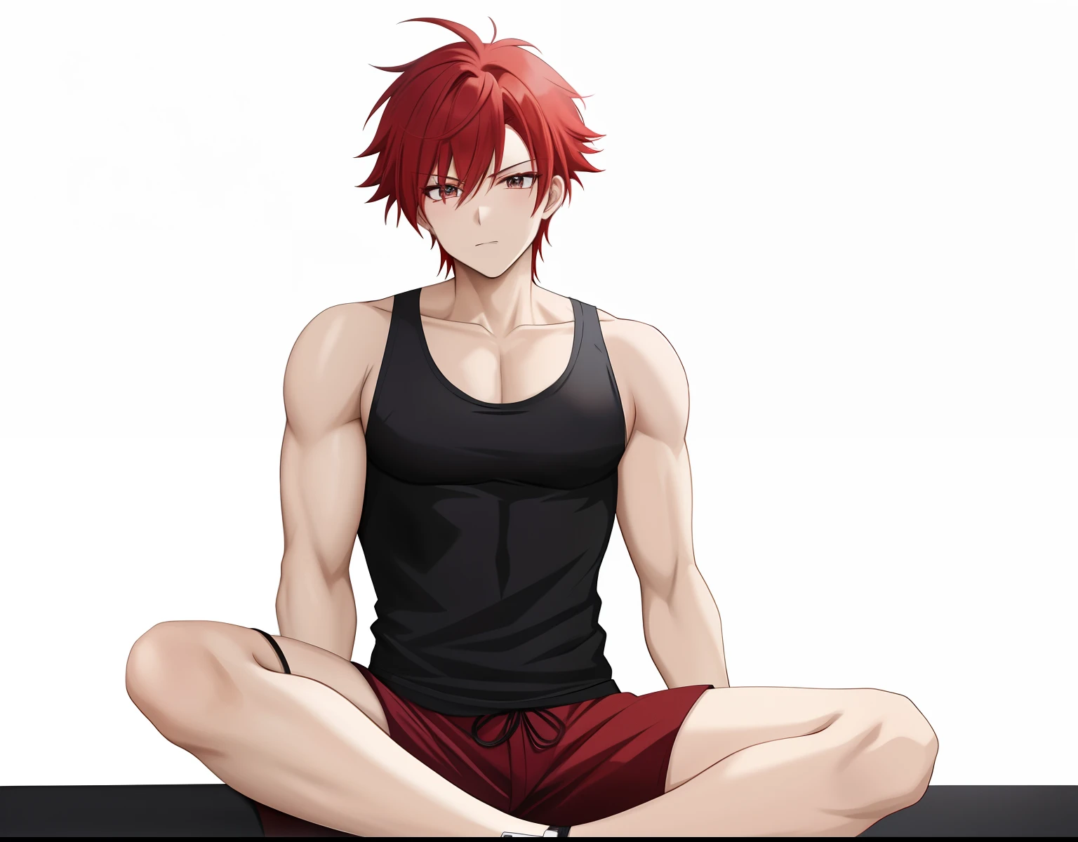 Red haired anime boy sitting on floor with legs crossed, Anime Boy, anime style character, garments:Black tank top, Boy in shorts, In anime style, anime styled」, Anime style, Muscular men, Knight of Zodiac Boy, With red hair, In an anime style, masculine and muscular, Bare arms, Bare shoulders,