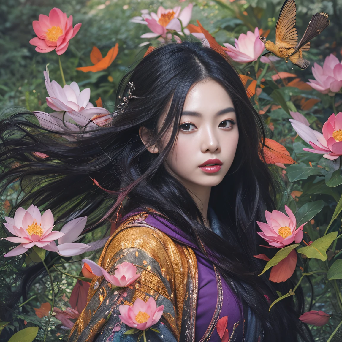 32K(tmasterpiece,k hd,hyper HD,32K)Long flowing black hair,ponds,zydink, a color, Aozhou people (Concubine girl), (Purple silk scarf with sauce), Combat posture, looking at the ground, long whitr hair, Floating hair, Carp pattern headdress, Chinese long-sleeved clothing, Round backlight(Abstract gouache splash:1.2), Pink petal background,Pink-white lotus flowers flying(realisticlying:1.4),Black color hair,Fallen leaves flutter,The background is pure, A high resolution, the detail, RAW photogr, Sharp Re, Nikon D850 Film Stock Photo by Jefferies Lee 4 Kodak Portra 400 Camera F1.6 shots, Rich colors, ultra-realistic vivid textures, Dramatic lighting, Unreal Engine Art Station Trend, cinestir 800,Long flowing black hair,Round head backlight