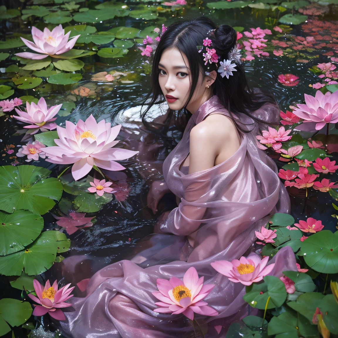 32K（tmasterpiece，k hd，hyper HD，32K）Long flowing black hair，ponds，zydink， a color， Aozhou people （Concubine girl）， （Purple silk scarf with sauce）， Combat posture， looking at the ground， long whitr hair， Floating hair， Carp pattern headdress， Chinese long-sleeved clothing， Round backlight（Abstract gouache splash：1.2）， Pink petal background，Pink-white lotus flowers flying（realisticlying：1.4），Black color hair，Fallen leaves flutter，The background is pure， A high resolution， the detail， RAW photogr， Sharp Re， Nikon D850 Film Stock Photo by Jefferies Lee 4 Kodak Portra 400 Camera F1.6 shots, Rich colors, ultra-realistic vivid textures, Dramatic lighting, Unreal Engine Art Station Trend, cinestir 800，Long flowing black hair，Round head backlight