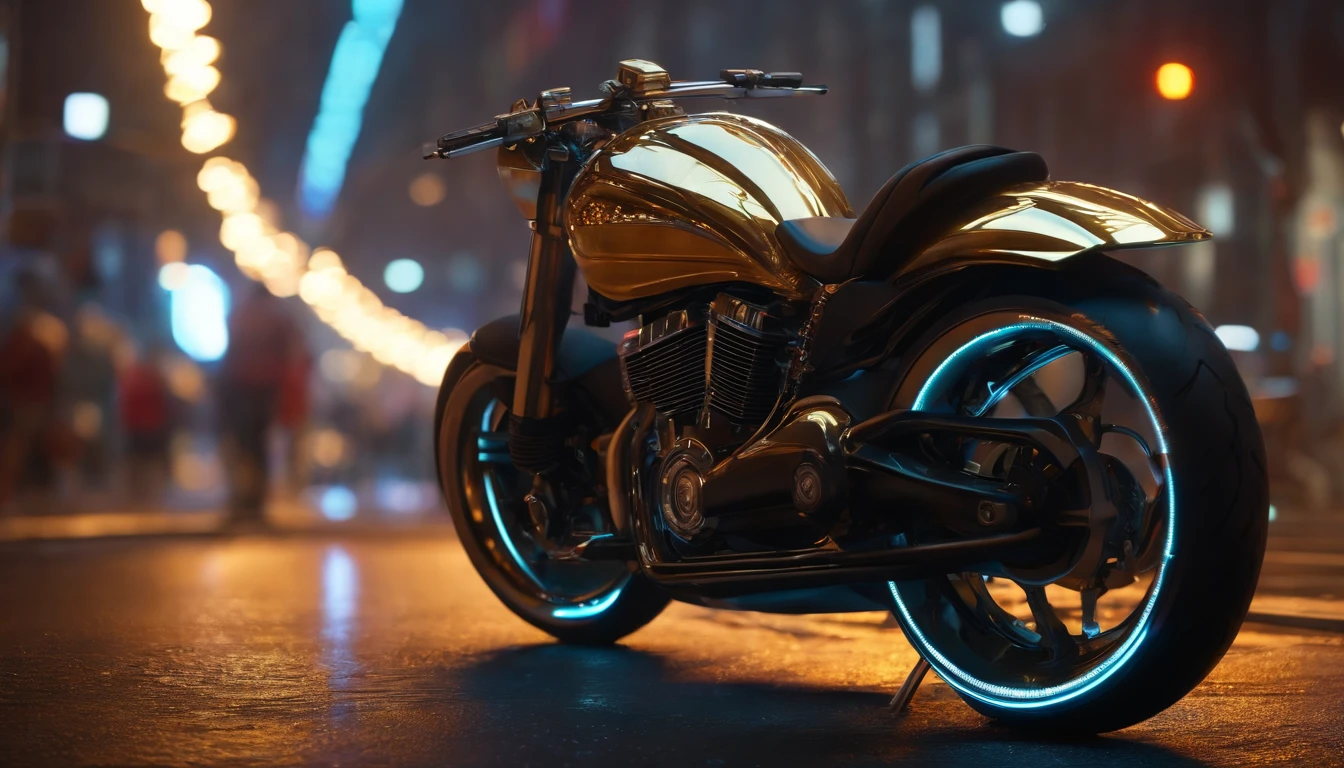 futuristic trim movie light motorcycle, Daniel simons, Wet reflective pavement, iridescent paint, highly detailed rims, glowing rims, View from the front, Futuristic city background, prime time, [Cyberpunk Night City:1.3], 8K DSLR, Sharp, tack sharp, Intricate details, Masterpiece, Golden ratio, Highest quality, hdr, Photorealistic, insane quality, Best quality, Extremely detailed, Highest detail, Highly detailed, Incredibly detailed, Detailed, Realistic, 8K  UHD, High quality