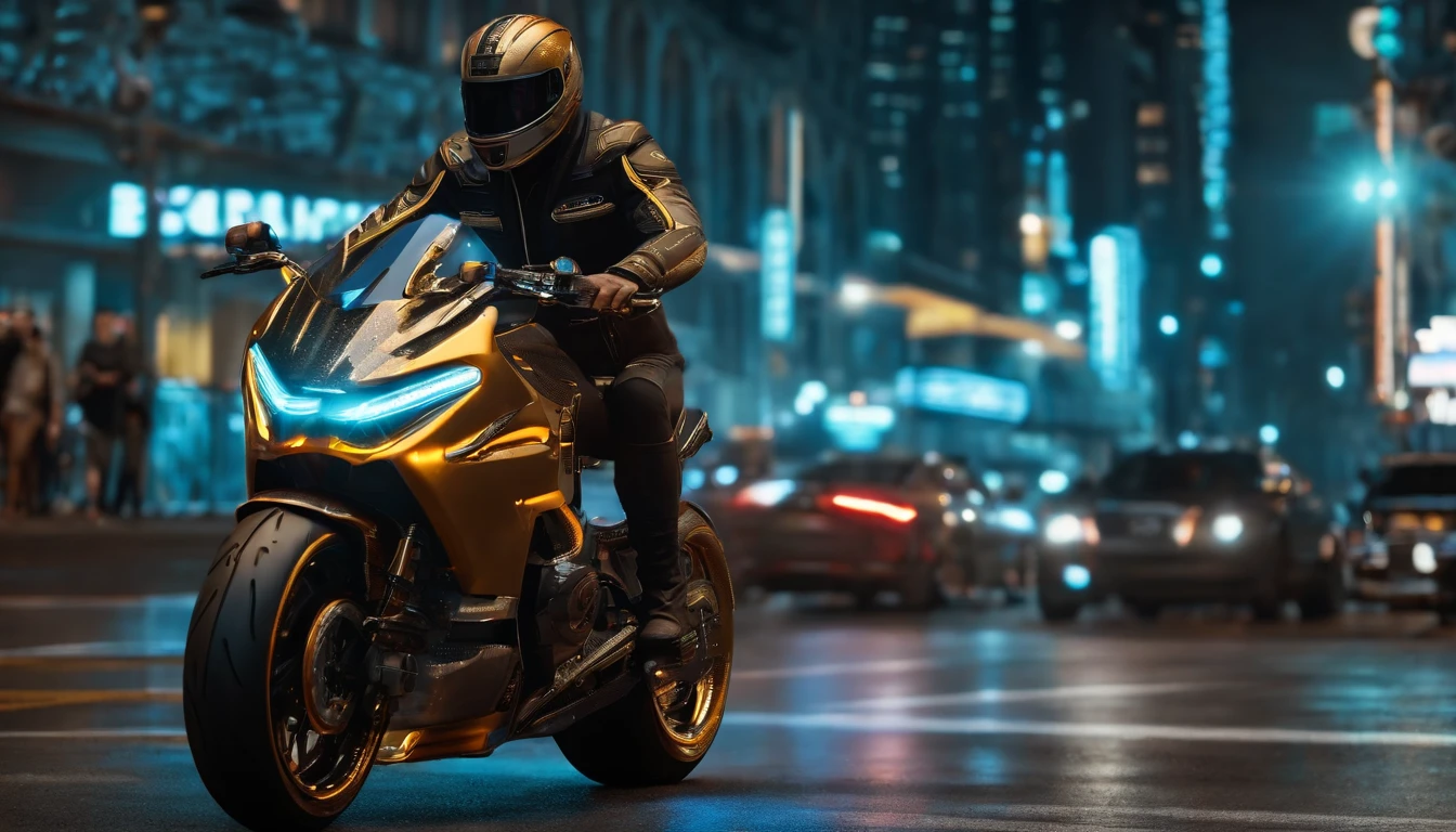 futuristic trim movie light motorcycle, Daniel simons, Wet reflective pavement, iridescent paint, highly detailed rims, glowing rims, View from the front, Futuristic city background, prime time, [Cyberpunk Night City:1.3], 8K DSLR, Sharp, tack sharp, Intricate details, Masterpiece, Golden ratio, Highest quality, hdr, Photorealistic, insane quality, Best quality, Extremely detailed, Highest detail, Highly detailed, Incredibly detailed, Detailed, Realistic, 8K  UHD, High quality