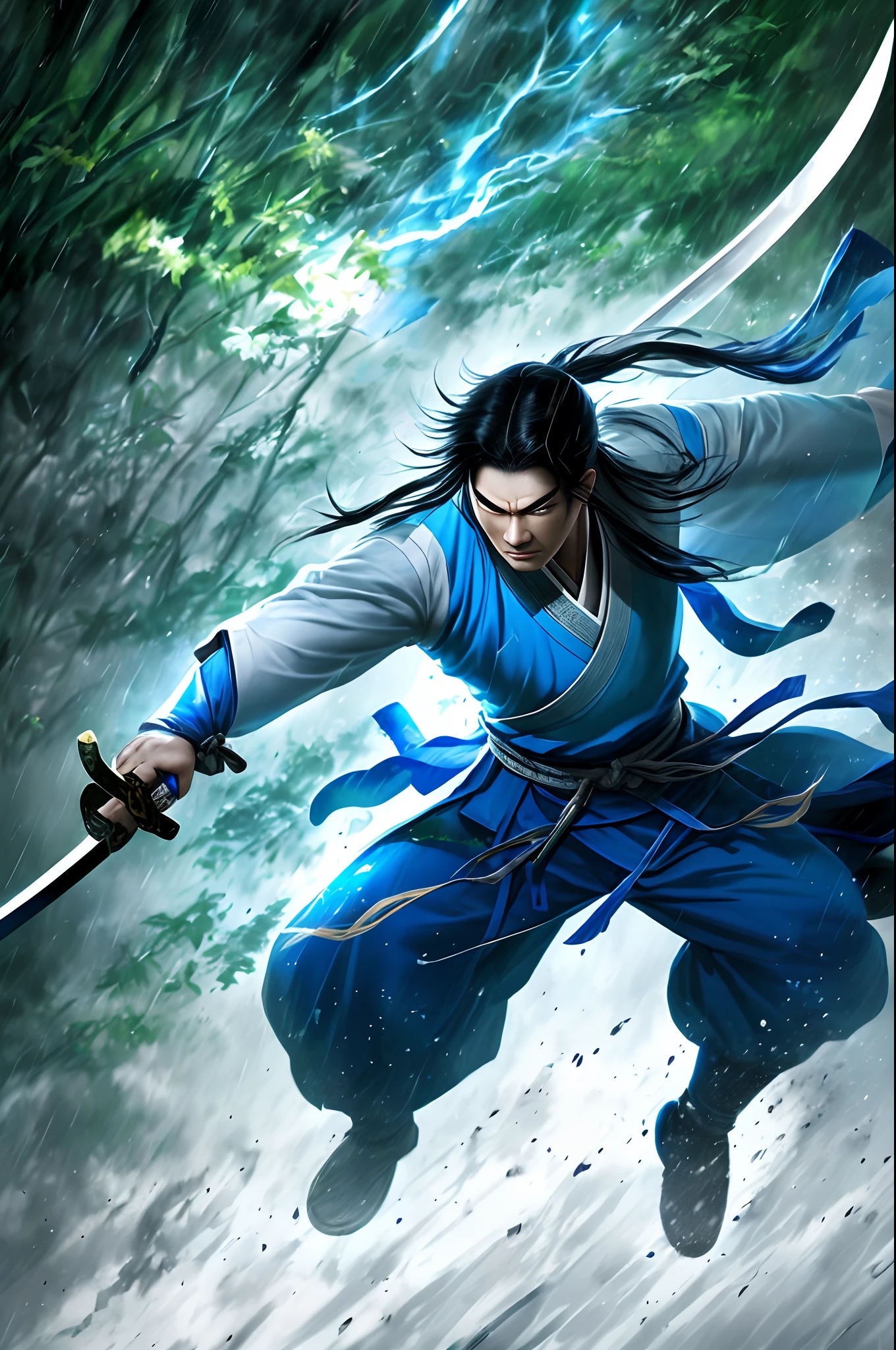 Dog manga Chinese edition::《Wind and clouds》Magazines，《Chinese heroes》，Blue and white tunic，Clear facial features ，Hold a sword in hand，Created by Zao Wou-Ki。Long sword，Hanfu,Kungfu,It shows the clear lines of the film，attack pose，hold fists, Vivid lighting，Vivid colors。lightand shade contrast。【Multi-lens burst shooting】::Battle of the Bamboo Forest，very heavy rain，Swords，Thrilling moments --niji 5 --q 2 ---16K