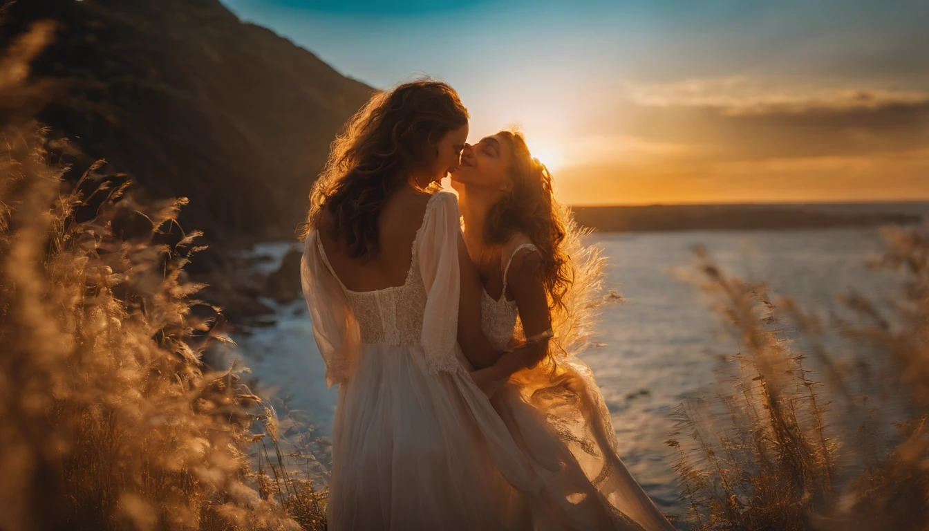 obra prima、qualidade superior、Fotos de filmes、1girl em、 do mar、floating into the sky、um close-up、brilhante、felicidade、warm and gentle lighting、The Morning Sun、(spark:0.7)