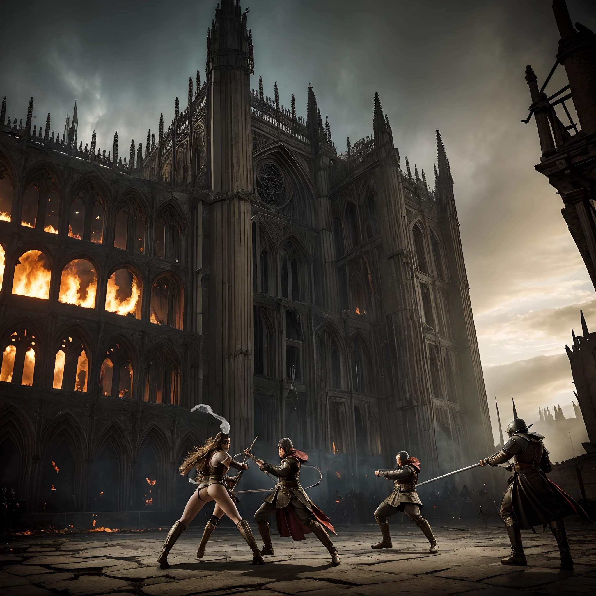 Medieval battlefield, Epic battles, soldiers fighting with swords and shields, flags fluttering in the wind, Gothic architecture, imposing castles, smoke and fire, cloudy sky, Intense moments, Meticulous details, gloomy atmosphere.
a woman without clothes (battle costume) fighting inside a building against a "giant spider" (arena type), combat pose, kicking, cobwebs, broken bricks, ruined building, giant spider