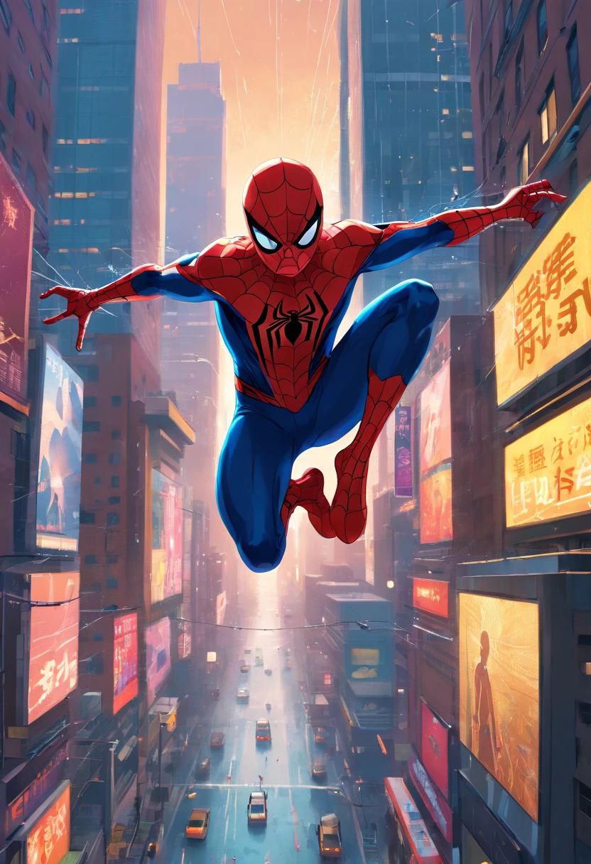 Spider-Man, swinging through the city at dusk with incredible agility and speed. [Web-slinging], [dynamic poses], and [acrobatic movements] showcase his amazing abilities. His costume boasts vibrant red and blue colors, [textured fabric], and exquisite [detailing]. The scene is illuminated by [city lights] and [sunset hues], creating a dramatic atmosphere. The city skyscrapers serve as a majestic backdrop, emphasizing the urban environment. With the highest image quality of (best quality, 4k, 8k, highres, masterpiece:1.2), every detail is [ultra-detailed], from the intricate [web patterns] on his suit to the individual [raindrops] caught in the air. The artwork combines the art styles of [comic book] and [realism], merging the fantasy world with a touch of [photorealism:1.37]. The dynamic composition and [dramatic angles] enhance the sense of action and intensity. This prompt guarantees a stunning representation of Spider-Man in all his web-slinging glory.