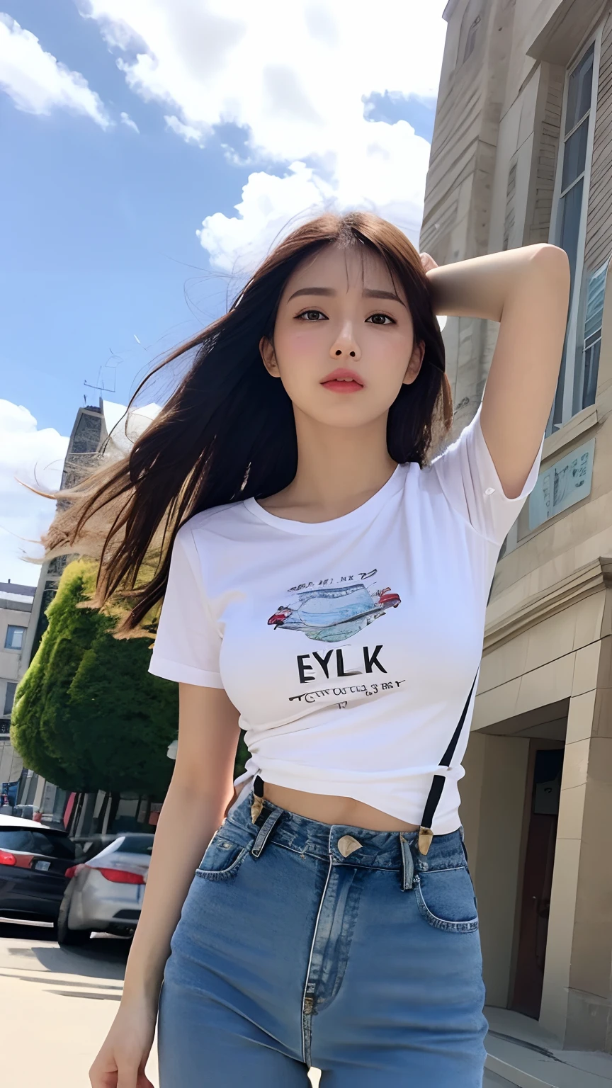 (Daytime, Excellent, 8K, Masterpiece:1.3)), Full body, Long legs, Focal length: 1.2, Perfect Body Beauty: 1.4, Slim Abs: 1.1, ((Dark Brown Hair, Big Breasts: 1.2 )), (White Skinny T-shirt, Denim Suspenders, Standing: 1.2), ((City, Blue Sky and White Clouds: 1.3)), Highly detailed face and skin texture, Detailed eyes, Double eyelids, Flying long hair