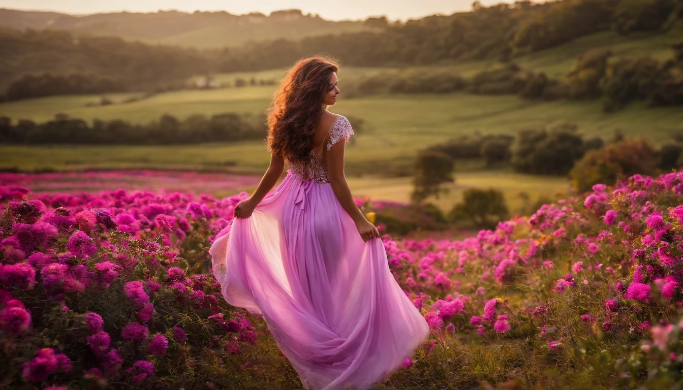 cabelo comprido, saia branca longa, manta floral em um campo de flores de Lwender, tons roxo-rosa, sol quente.