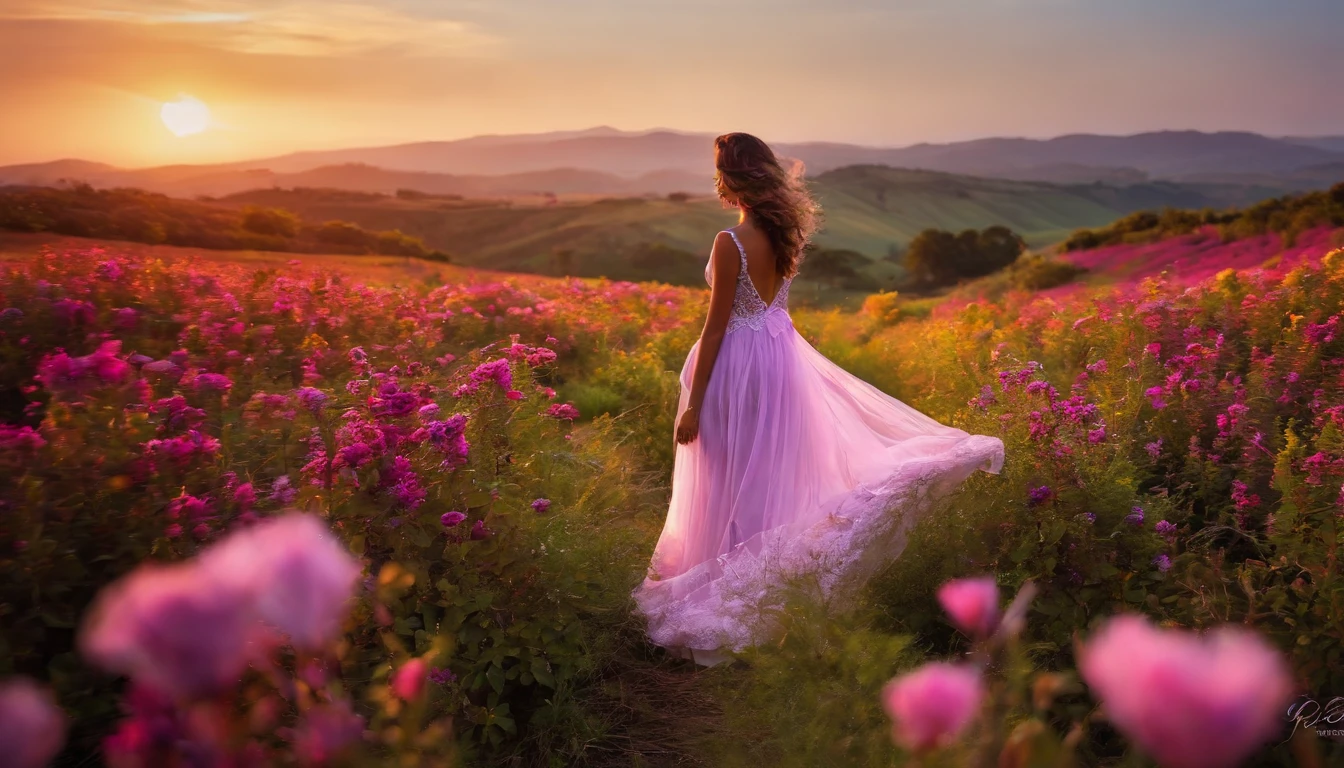 menina cabelo comprido, saia branca longa, manta floral em um campo de flores de Lwender, tons roxo-rosa, sol quente.