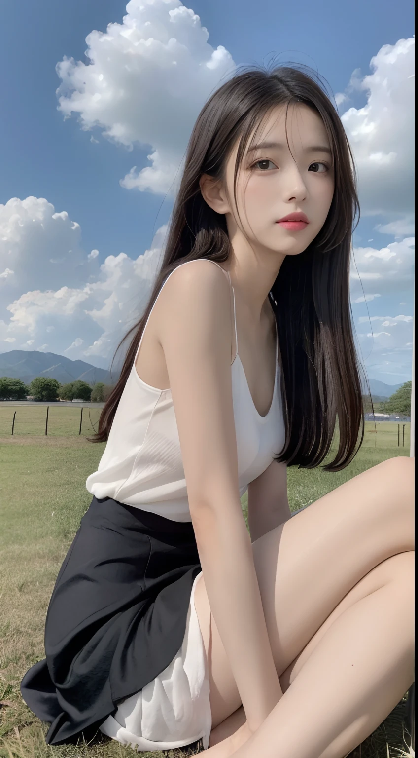 ((Best Quality, 8K, masutepiece:1.3)), beautiful  Girl, pure, Melon face, gentle and cute, Thin figure, (Frontal), (Head Tilted), looks directly at camera, [Detached sleeves::0], [Collared shirt::0], [Capri Pants::0], Black silky long straight hair, long hair flowing over the shoulders, round black big eyes, clear big eyes, Moist red lips, Sweet smile, Sitting, Hands on knees, Blue sky and white clouds, Sunshine, grassy fields, Summit of Mt, Northern view of the Tibetan steppe