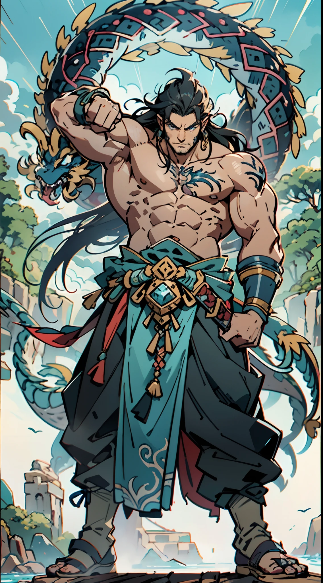 A middle-aged man with long straight hair, a tall and muscular body, wearing a wooden semi-circular forehead protector, he has thick sword-like eyebrows, bright and expressive blue eyes, well-defined facial features, a bare upper body adorned with a tattoo of a blue dragon, a tattoo of a blue dragon that wraps around his entire body, he wears plain pants, stands before a mysterious ancient Mayan altar, he raises his right fist high, displaying a dignified expression, exuding a powerful aura, emanating a radiant fighting spirit, this character embodies a finely crafted a fantasy-style wilderness design in anime style, characterized by a sophisticated and mature manga illustration art style, high definition, best quality, highres, ultra-detailed, ultra-fine painting, extremely delicate, professional, anatomically correct, symmetrical face, extremely detailed eyes and face, high quality eyes, creativity, RAW photo, UHD, 8k, Natural light, cinematic lighting, masterpiece:1.5