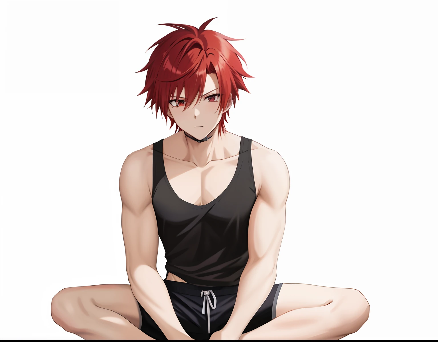 Red haired anime boy sitting on floor with legs crossed, Anime Boy, anime style character, garments:Black tank top, Boy in shorts, In anime style, anime styled」, Anime style, Muscular men, Knight of Zodiac Boy, With red hair, In an anime style, masculine and muscular, Bare arms, Bare shoulders,
