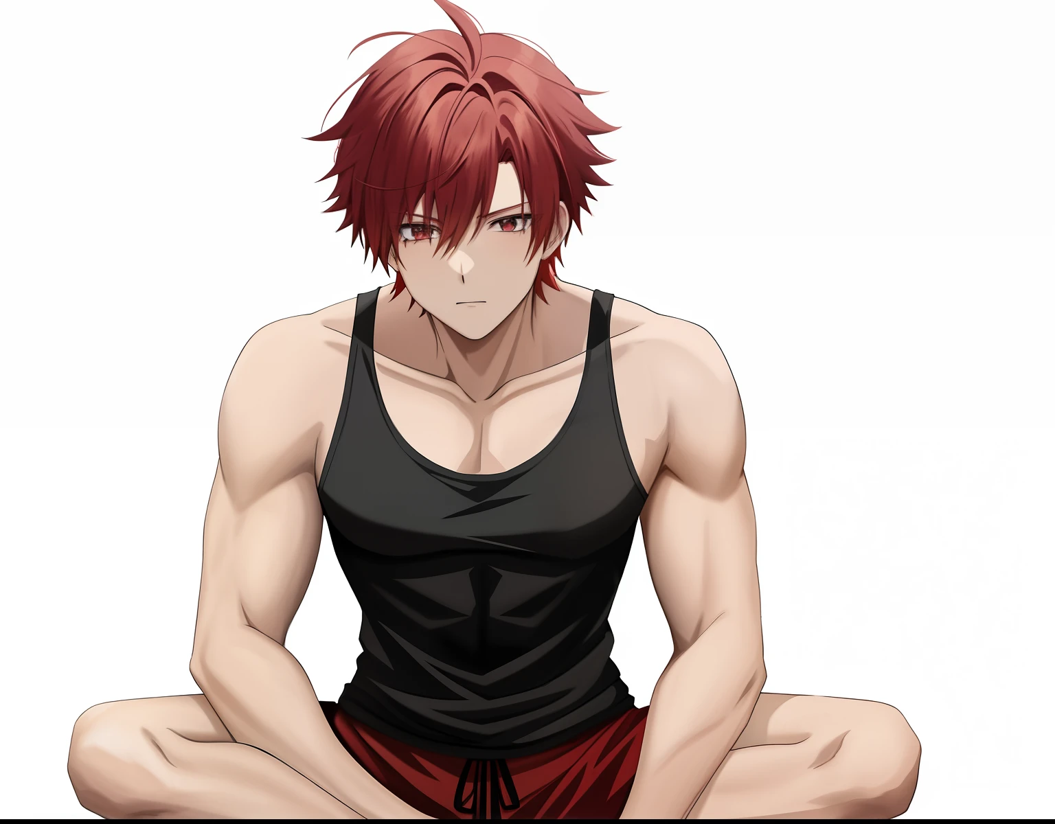 Red haired anime boy sitting on floor with legs crossed, Anime Boy, anime style character, garments:Black tank top, Boy in shorts, In anime style, anime styled」, Anime style, Muscular men, Knight of Zodiac Boy, With red hair, In an anime style, masculine and muscular, Bare arms, Bare shoulders,
