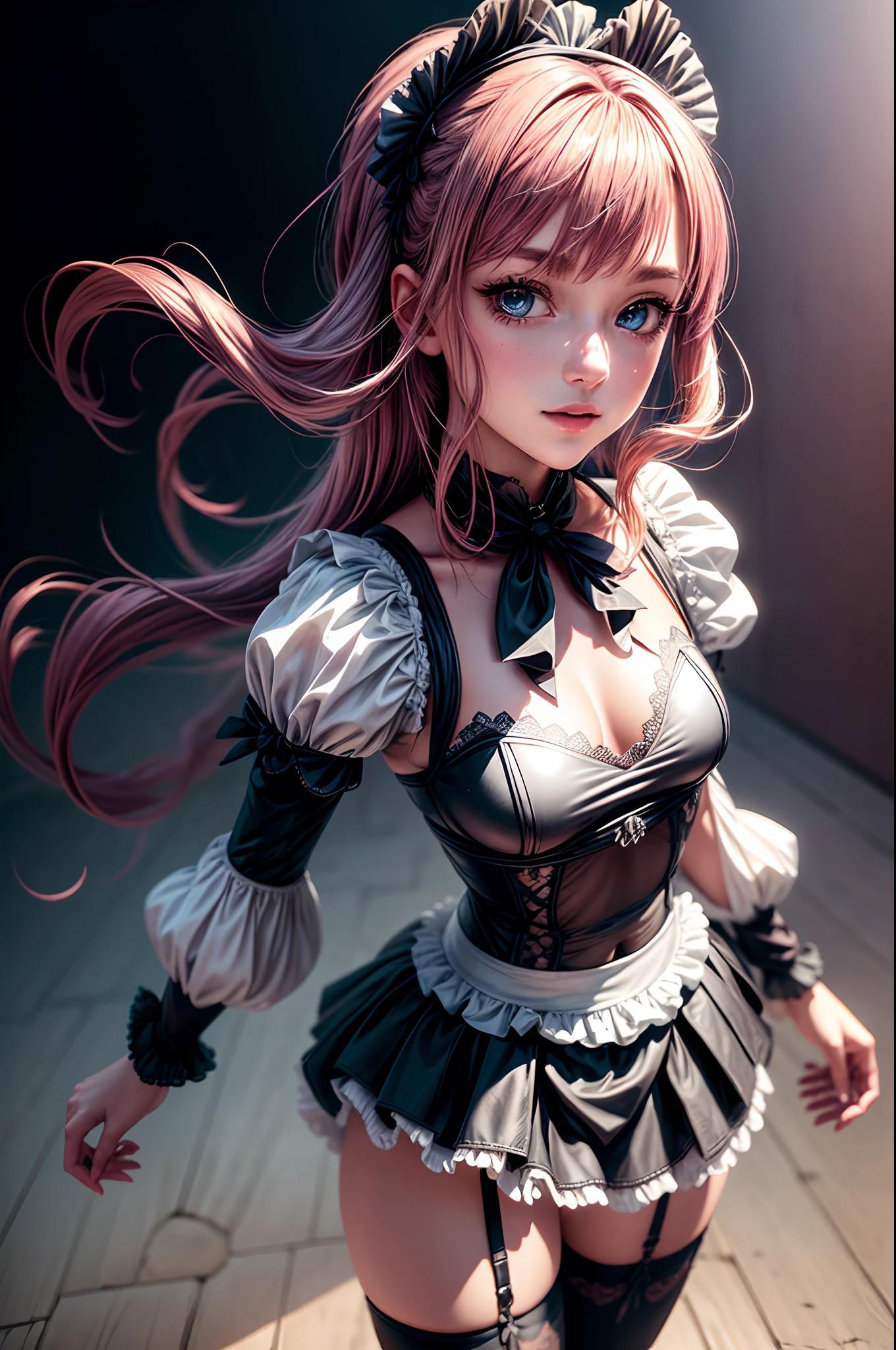 Create an amazing representation of a German girl with blonde hair and blue eyes, She wears a sexy maid's costume with gray lace socks and an adorable bow in her hair. Suas coxas grossas, cintura fina e seios generosos com volume na camisa destacam sua beleza. Com luvas pretas e um sorriso cativante, She assumes a dynamic pose. The camera captures the image in 32k resolution, With additional options in 4K. The aspect ratio of the image is -9:16, and the dimension is 600 pixels. Este prompt busca uma qualidade de imagem definida como 5., Majestic, Cyberdelic, Inkjet Impresso, retrato, Modelagem de personagens, Contrasty, rpg maker, cores rosa choque magenta, Hauntology, lunar illumination, Ultra-realista, altamente detalhado, natural lightting, oceano ambiente, motor Unity, 8k