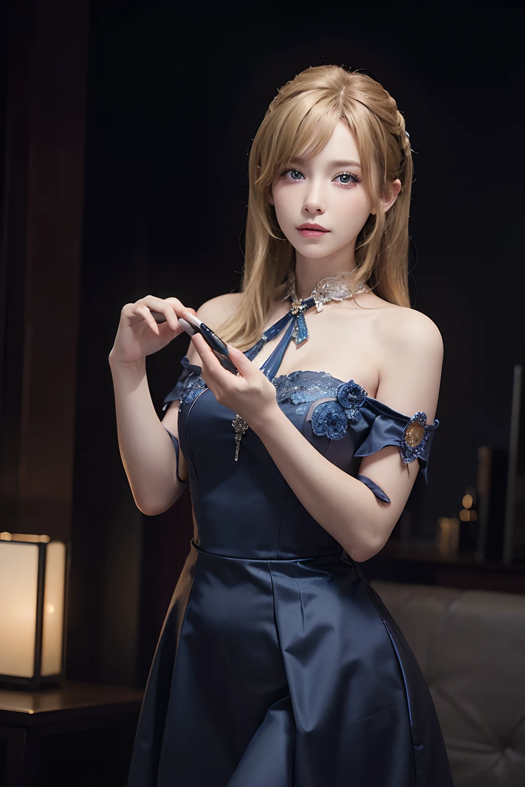 (masuter piece:1.3)、(8K、Photorealsitic、Raw photography、top-quality: 1.4)、(1girl in)、beautiful countenance、(Lifelike face)、(blondehair、Medium Hair:1.3)、Beautiful hairstyle、realisticeyes、Beautiful details、(real looking skin)、Beautiful skins、(silk dresses)、absurderes、enticing、超A high resolution、A hyper-realistic、high-detail、the golden ratio、hands on own chast、frosty blue eyes、night view