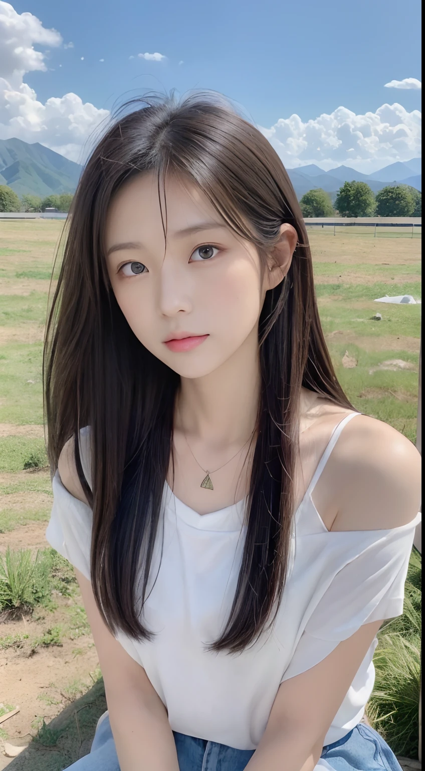 ((Best Quality, 8K, masutepiece:1.3)), beautiful  Girl, pure, Melon face, gentle and cute, Thin figure, (Frontal), (Head Tilted), looks directly at camera, [Detached sleeves::0], [Collared shirt::0], [Capri Pants::0], Black silky long straight hair, long hair flowing over the shoulders, round black big eyes, clear big eyes, Moist red lips, Sweet smile, Sitting, Hands on knees, Blue sky and white clouds, Sunshine, grassy fields, Summit of Mt, Northern view of the Tibetan steppe