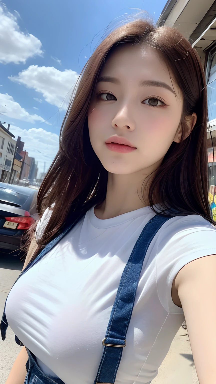 ((top-quality、8k、masterpies:1.3、in the street background、OL、k-pop outfit))、1girl in、Slim Beauty:1.3、Super Detail Face、Delicat eyes、double eyelid、facial expression of smile、full body Esbian、Brown hair、Suntan-Skin、20yr old、black hair、erotick、 Look、stare、full body seen, Sohyun, Korean girl