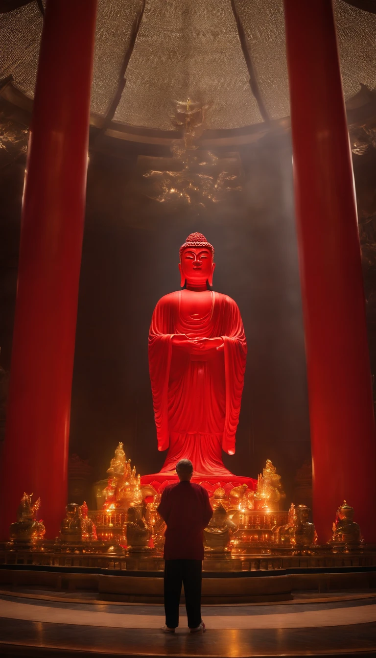A small Taoist priest stands in front of a transparent red Buddha statue，Stretch your hands，Glow effects，Dingdall effect，depth of fields，high light，Real light，Ray traching，oc rendered，Hyper-realistic，best qualtiy，8K，Works of masters，super-fine，Detailed pubic hair，Correct anatomy，sharp focus on eyes，Bokeh，Facial features are carefully depicted