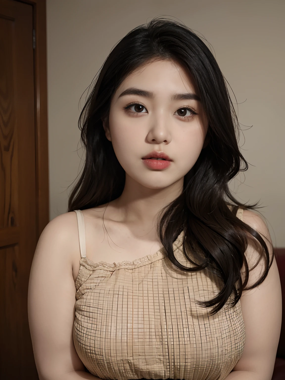 One Woman,25-years old, Obese body, Round face, Big face,Small eyes,Light makeup,Double chin, Overweight,Shoulder length fluffy long hair , Underwear,Looking to the left,A heavy eyelid,skin tanned,thin makeup,dark eyebrows,fullbody image