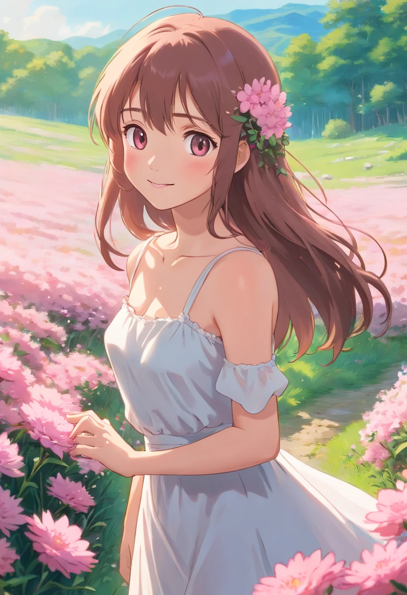 Best quality, masterpiece, ultra high resolution (photorealistic: 1.4), raw photo, 1 girl, white dress, bare shoulders, field of pink flowers in bloom, glowing skin, slight smile