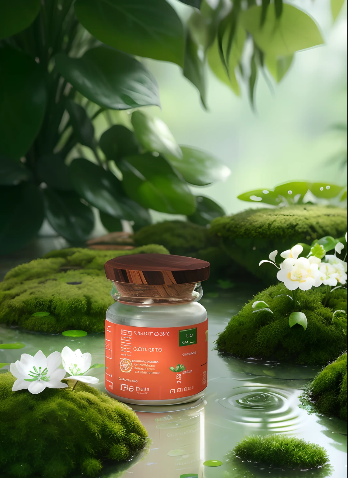 fotografia do produto,chai,Mossy,Eau,A plant,verde claro,White flowers,water ripple,Realism, Light green and white gradient background, Color scales, Depth of field, High quality, ultra fine detailed, author:hasselblatt