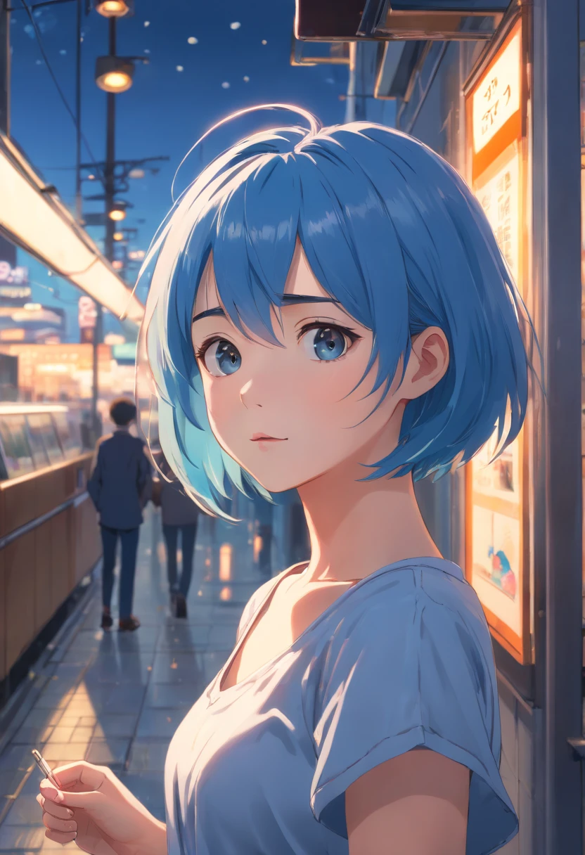 hightquality,4k,8k,masterpiece:1.2,ultra-detailed,(realistic,photo-realistic:1.37),beautiful detailed girl,beautiful detailed,world masterpiece theater,ultra-fine painting,professional,blonde hair,highres,extremely detailed,girl,illustration,observing,impressionist,canvas,oil painting,photorealistic,real,blue hair,short bob hair