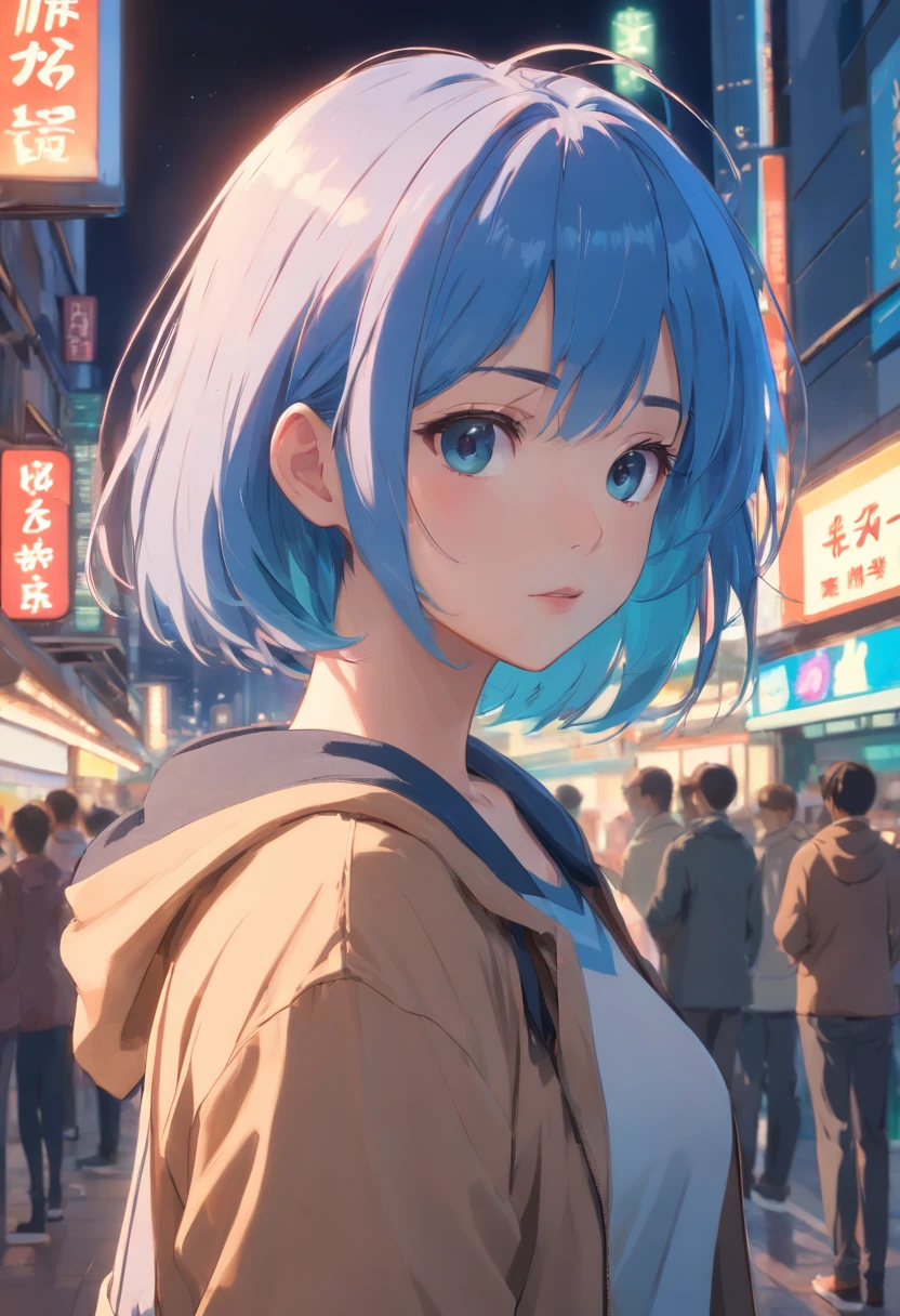 hightquality,4k,8k,masterpiece:1.2,ultra-detailed,(realistic,photo-realistic:1.37),beautiful detailed girl,beautiful detailed,world masterpiece theater,ultra-fine painting,professional,blonde hair,highres,extremely detailed,girl,illustration,observing,impressionist,canvas,oil painting,photorealistic,real,blue hair,short bob hair