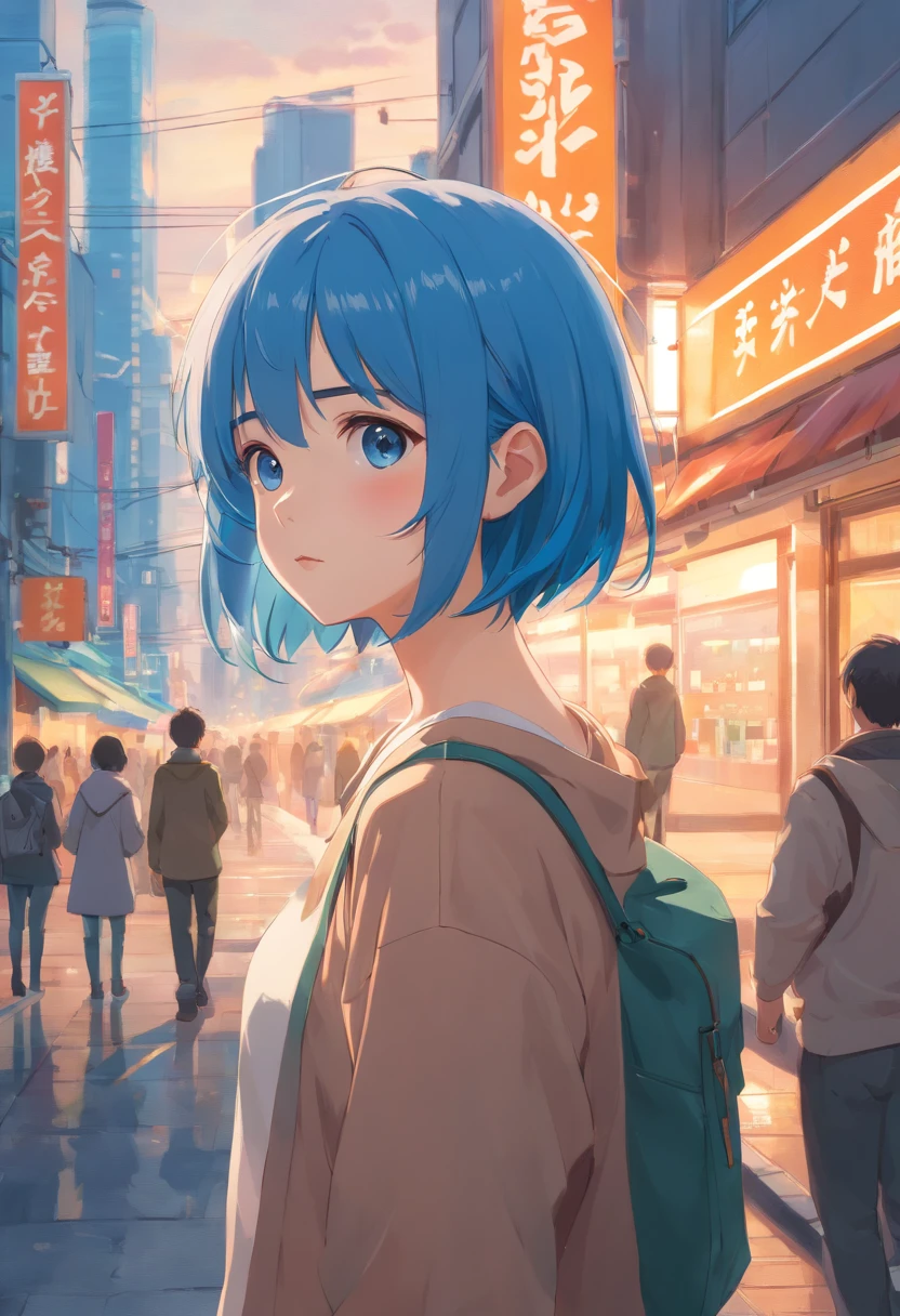 hightquality,4k,8k,masterpiece:1.2,ultra-detailed,(realistic,photo-realistic:1.37),beautiful detailed girl,beautiful detailed,world masterpiece theater,ultra-fine painting,professional,blonde hair,highres,extremely detailed,girl,illustration,observing,impressionist,canvas,oil painting,photorealistic,real,blue hair,short bob hair