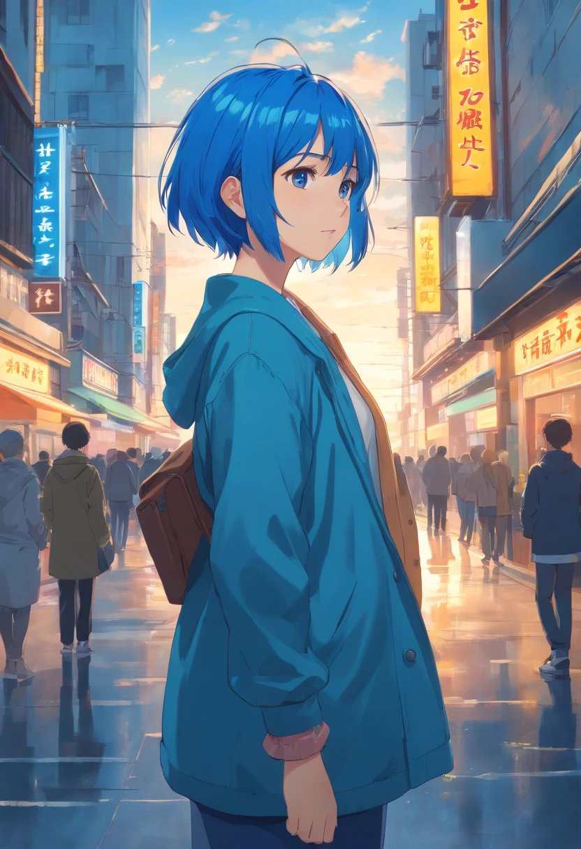 hightquality,4k,8k,masterpiece:1.2,ultra-detailed,(realistic,photo-realistic:1.37),beautiful detailed girl,beautiful detailed,world masterpiece theater,ultra-fine painting,professional,blonde hair,highres,extremely detailed,girl,illustration,observing,impressionist,canvas,oil painting,photorealistic,real,blue hair,short bob hair