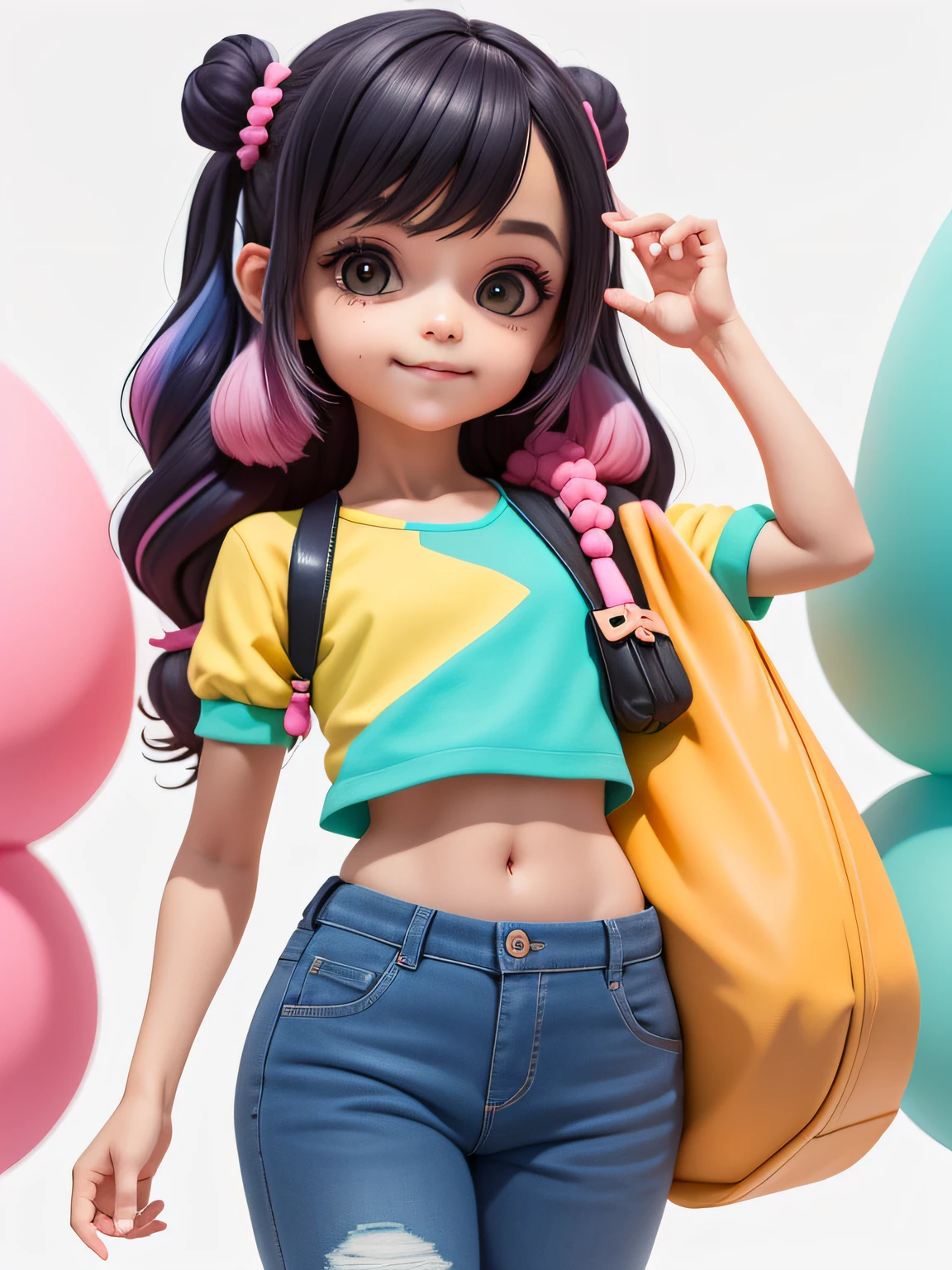 (obra-prima), (melhor qualidade), (ultra-detalhado), (corpo inteiro: 1.2) loli menina morena, touca, moletom preto, pants, jaqueta, blouse, sorriso claro, corpo inteiro, :3, cabelo multicolor, enrolado, encaracolado, crespo moderno, Modern accessories, fundo tom pastel , colorido e simples.