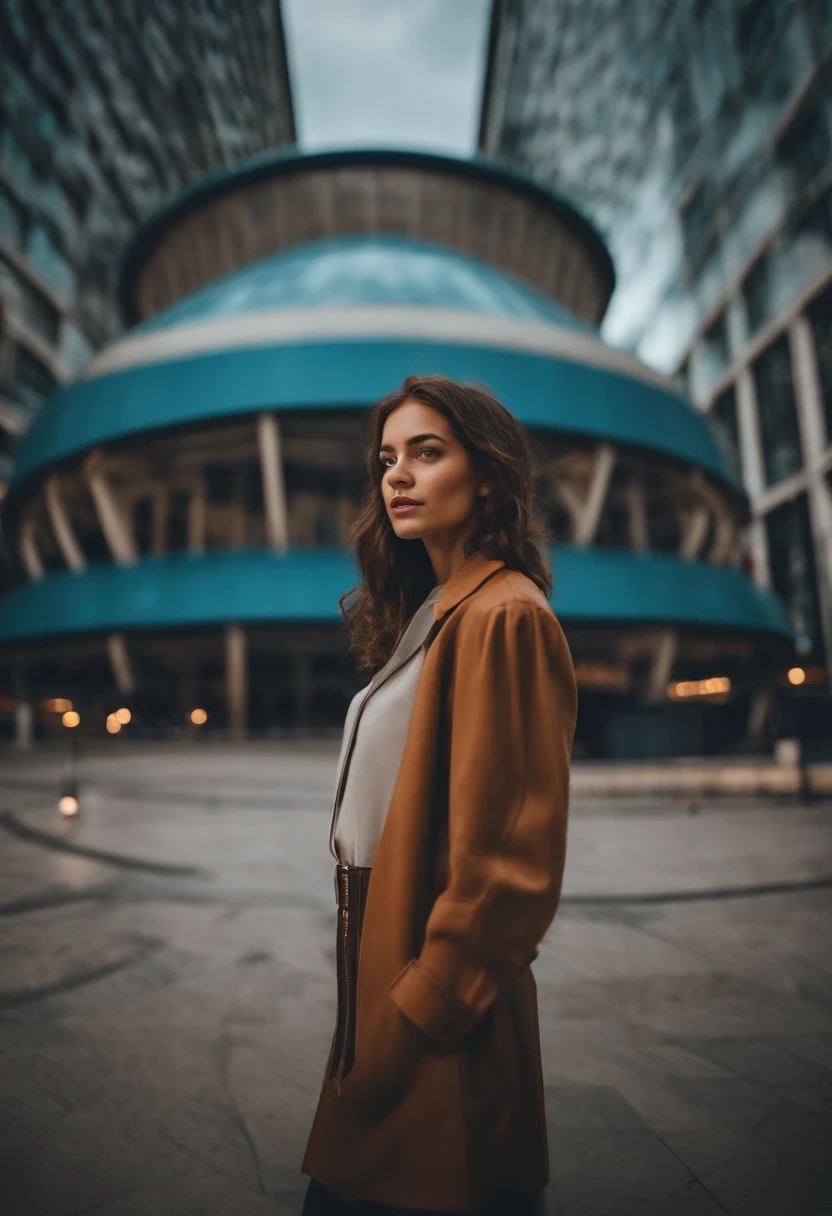 A young woman standing in the middle of a square in a futuristic city, curved buildings and avant-garde architectural designs, an atmosphere of innovation and progress, Photography, film camera with large aperture lens