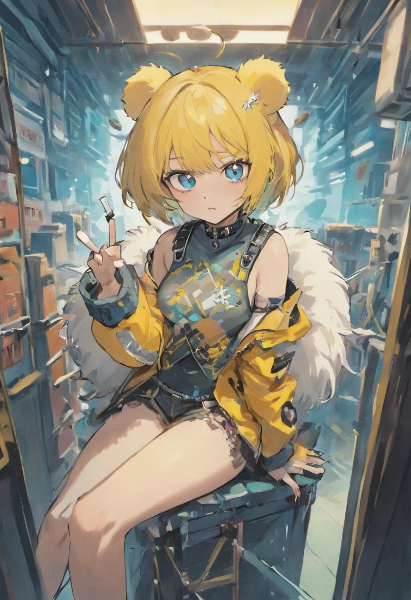 masterpiece, the background is the deck of a ship at sea, furry rat girl, white fur, ((pastel blue punk haircut)), knife in her left hand, riposte pose, right hand in her pocket, golden eyes, black high rider culottes pants, ((one mouse tail)), ((black corset)), black tube top, yellow jacket off the shoulders, black choker, black gloves with yellow paw pad pattern, many punk style piercings, a detailed cigarette in her mouth, mouse whiskers