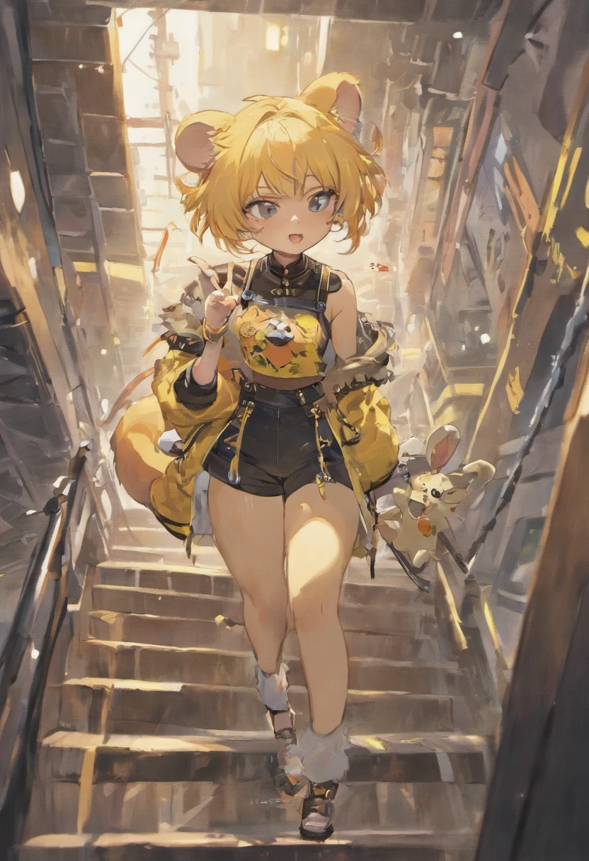 masterpiece, the background is the deck of a ship at sea, furry rat girl, white fur, ((pastel blue punk haircut)), knife in her left hand, riposte pose, right hand in her pocket, golden eyes, black high rider culottes pants, ((one mouse tail)), ((black corset)), black tube top, yellow jacket off the shoulders, black choker, black gloves with yellow paw pad pattern, many punk style piercings, a detailed cigarette in her mouth, mouse whiskers