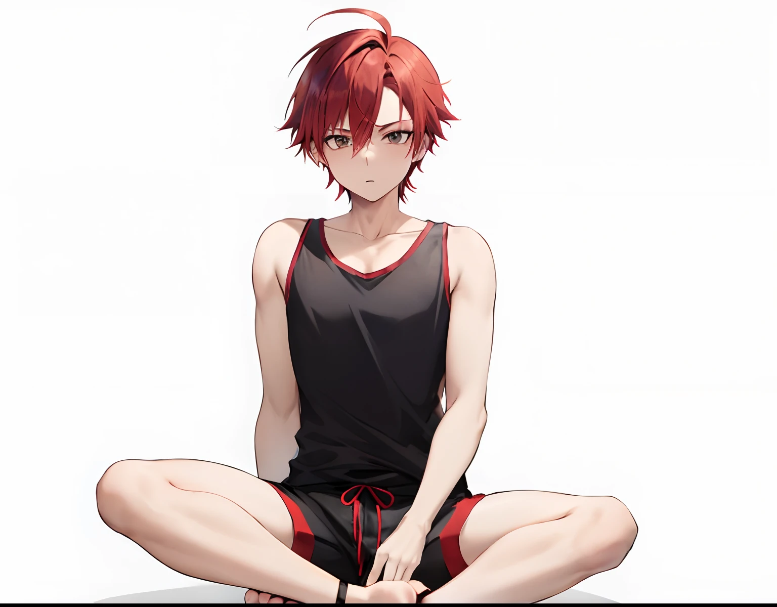 Red haired anime boy sitting on floor with legs crossed, Anime Boy, anime style character, garments:Black tank top, Boy in shorts, In anime style, anime styled」, Anime style, Knight of Zodiac Boy, With red hair, Boy with a short red ponytail, In an anime style, Bare arms, Bare shoulders,