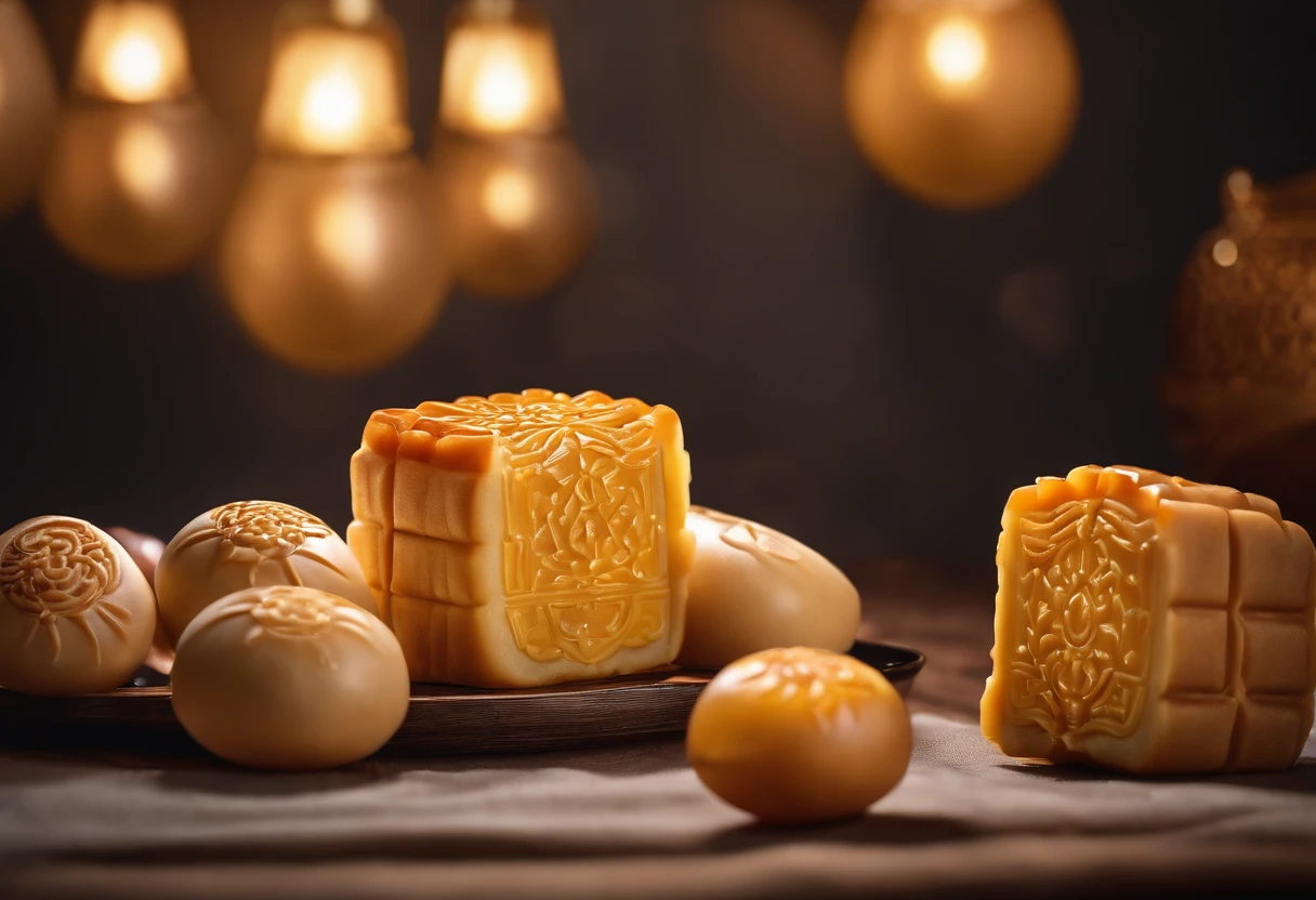 Commercial shooting, Cantonese egg yolk mooncakes, Mooncake size, poster for, Fresh style background, elegant, Booth lighting, Attractive, photorealistic colors, Ultra HD