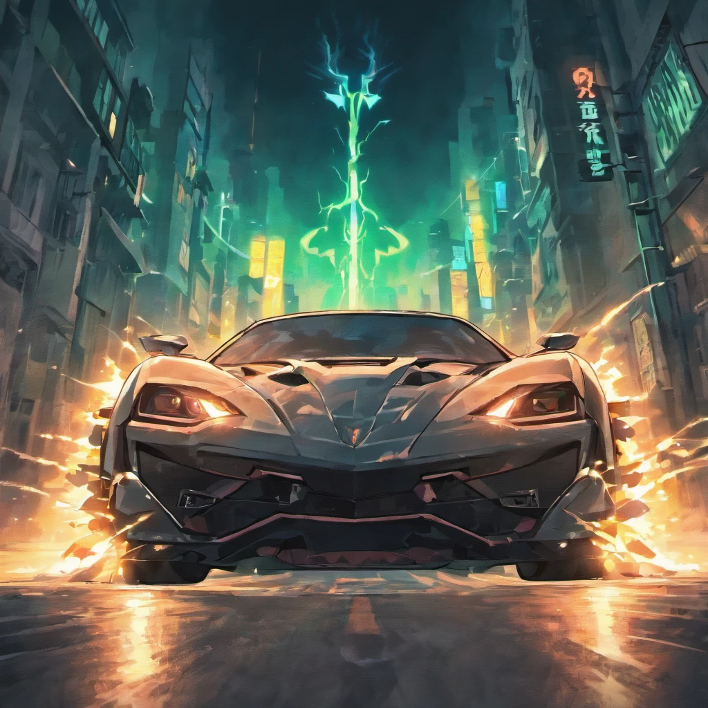 Electric Batmobile muscle car,Have on the street,the street,Overturned,Fragmentation,Background of the ruins,detailedbackground