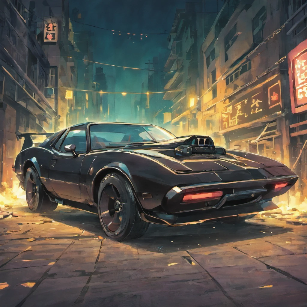 Electric Batmobile muscle car,Have on the street,the street,Overturned,Fragmentation,Background of the ruins,detailedbackground